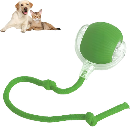 Green pet toy with a rope and ball, featuring a dog and cat on a white background.